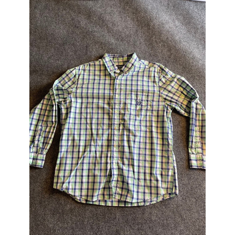Chaps Mens XL Green Blue Plaid Easy Care Long Sleeve Button Down Shirt Logo